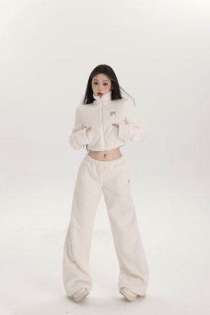Women's Bear Plush High Neck Coat and Low Waist Wide Leg Pants Two-Piece Set - Cozy Fashion for Y2K and Street Style
