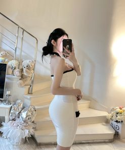 Women's Black and White Spliced Floral Knitted Bodycon Dress - Trendy Y2K Style, Chic and Fashionable Design