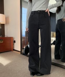 Women's Black Fleece-Lined Wide-Leg Jeans - Versatile Loose Straight Pants for Autumn and Winter Style