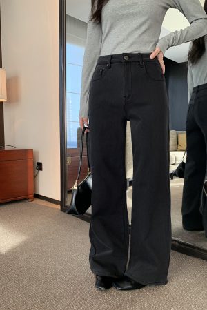 Women's Black Fleece-Lined Wide-Leg Jeans - Versatile Loose Straight Pants for Autumn and Winter Style