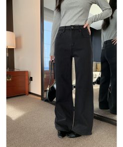 Women's Black Fleece-Lined Wide-Leg Jeans - Versatile Loose Straight Pants for Autumn and Winter Style