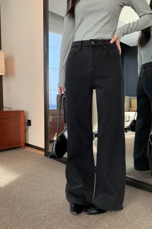 Women's Black Fleece-Lined Wide-Leg Jeans - Versatile Loose Straight Pants for Autumn and Winter Style
