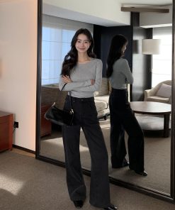 Women's Black Fleece-Lined Wide-Leg Jeans - Versatile Loose Straight Pants for Autumn and Winter Style