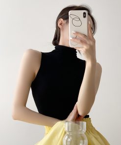 Women's Black Half-High Collar Knitted Vest - Sleeveless Summer Top, Fitted Slimming Layer, Chic Casual Style