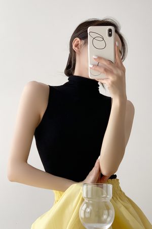 Women's Black Half-High Collar Knitted Vest - Sleeveless Summer Top, Fitted Slimming Layer, Chic Casual Style
