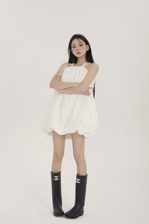 Women's Black Halter Dress - High-End Sleeveless A-Line with Puff Skirt for Spring Summer - Sexy Round Neck Design