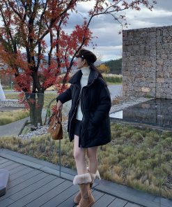 Women's Black Lapel Down Jacket - Autumn Winter Style, White Duck Down, Waist-Cinching, Trendy Work Coat