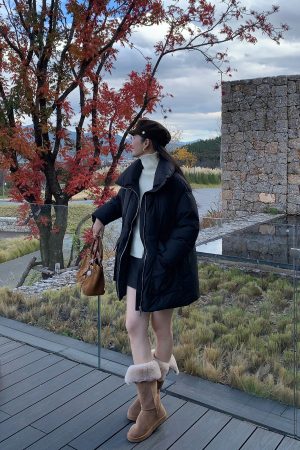 Women's Black Lapel Down Jacket - Autumn Winter Style, White Duck Down, Waist-Cinching, Trendy Work Coat