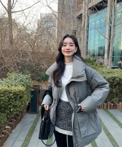 Women's Black Lapel Down Jacket - Autumn Winter Style, White Duck Down, Waist-Cinching, Trendy Work Coat