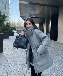 Women's Black Lapel Down Jacket - Autumn Winter Style, White Duck Down, Waist-Cinching, Trendy Work Coat