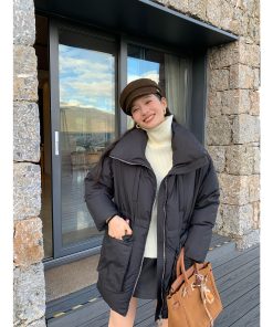 Women's Black Lapel Down Jacket - Autumn Winter Style, White Duck Down, Waist-Cinching, Trendy Work Coat