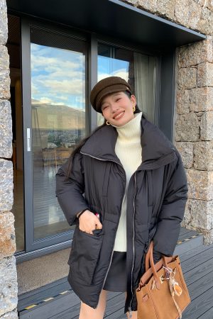 Women's Black Lapel Down Jacket - Autumn Winter Style, White Duck Down, Waist-Cinching, Trendy Work Coat