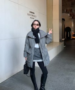 Women's Black Lapel Down Jacket - Autumn Winter Style, White Duck Down, Waist-Cinching, Trendy Work Coat