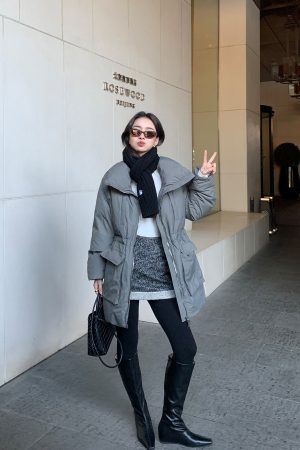 Women's Black Lapel Down Jacket - Autumn Winter Style, White Duck Down, Waist-Cinching, Trendy Work Coat