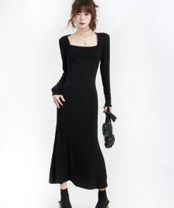 Women's Black Long Sleeve Bodycon Mermaid Dress - Versatile Square Neck Little Black Dress for Autumn, High-End Style