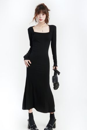 Women's Black Long Sleeve Bodycon Mermaid Dress - Versatile Square Neck Little Black Dress for Autumn, High-End Style