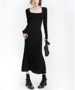 Women's Black Long Sleeve Bodycon Mermaid Dress - Versatile Square Neck Little Black Dress for Autumn, High-End Style