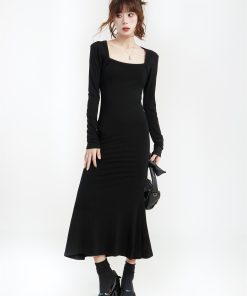 Women's Black Long Sleeve Bodycon Mermaid Dress - Versatile Square Neck Little Black Dress for Autumn, High-End Style