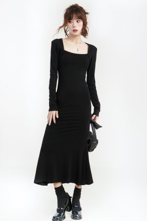 Women's Black Long Sleeve Bodycon Mermaid Dress - Versatile Square Neck Little Black Dress for Autumn, High-End Style
