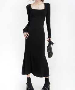 Women's Black Long Sleeve Bodycon Mermaid Dress - Versatile Square Neck Little Black Dress for Autumn, High-End Style