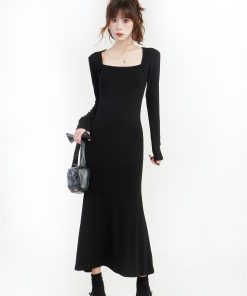 Women's Black Long Sleeve Bodycon Mermaid Dress - Versatile Square Neck Little Black Dress for Autumn, High-End Style