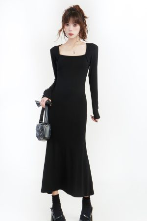 Women's Black Long Sleeve Bodycon Mermaid Dress - Versatile Square Neck Little Black Dress for Autumn, High-End Style