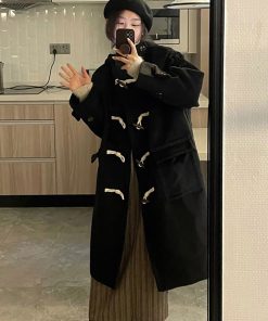 Women's Black Mid-Length Wool Coat with Horn Buttons, Double-Sided Cashmere, 2025 Spring Korean Style Winter Outerwear