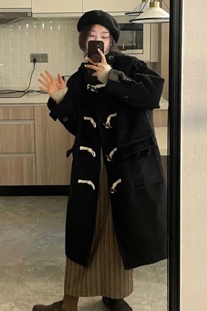 Women's Black Mid-Length Wool Coat with Horn Buttons, Double-Sided Cashmere, 2025 Spring Korean Style Winter Outerwear