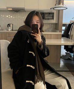 Women's Black Mid-Length Wool Coat with Horn Buttons, Double-Sided Cashmere, 2025 Spring Korean Style Winter Outerwear