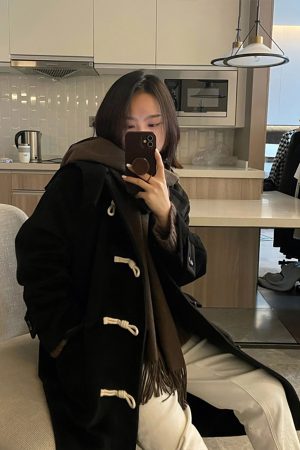 Women's Black Mid-Length Wool Coat with Horn Buttons, Double-Sided Cashmere, 2025 Spring Korean Style Winter Outerwear