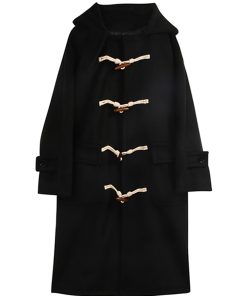 Women's Black Mid-Length Wool Coat with Horn Buttons, Double-Sided Cashmere, 2025 Spring Korean Style Winter Outerwear