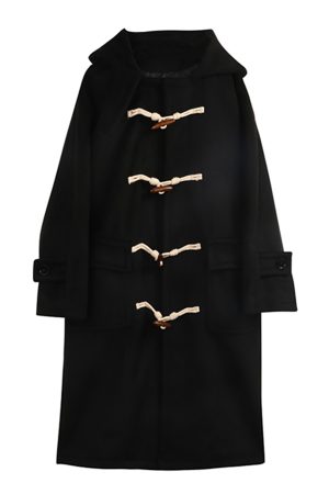 Women's Black Mid-Length Wool Coat with Horn Buttons, Double-Sided Cashmere, 2025 Spring Korean Style Winter Outerwear