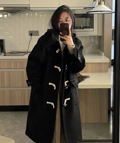 Women's Black Mid-Length Wool Coat with Horn Buttons, Double-Sided Cashmere, 2025 Spring Korean Style Winter Outerwear