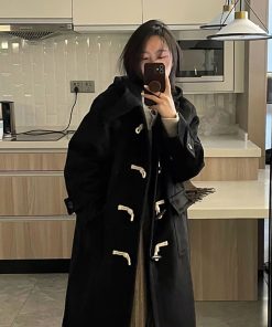 Women's Black Mid-Length Wool Coat with Horn Buttons, Double-Sided Cashmere, 2025 Spring Korean Style Winter Outerwear