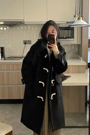 Women's Black Mid-Length Wool Coat with Horn Buttons, Double-Sided Cashmere, 2025 Spring Korean Style Winter Outerwear