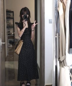 Women's Black Polka Dot Doll Collar Dress - Waist-Cinching, Elegant Long Summer Dress for Gentle Vacation Style