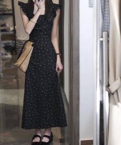 Women's Black Polka Dot Doll Collar Dress - Waist-Cinching, Elegant Long Summer Dress for Gentle Vacation Style