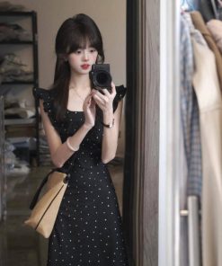 Women's Black Polka Dot Doll Collar Dress - Waist-Cinching, Elegant Long Summer Dress for Gentle Vacation Style
