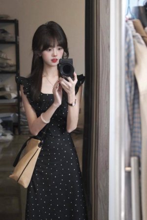 Women's Black Polka Dot Doll Collar Dress - Waist-Cinching, Elegant Long Summer Dress for Gentle Vacation Style