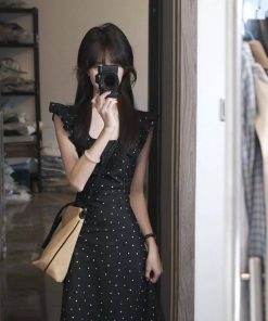 Women's Black Polka Dot Doll Collar Dress - Waist-Cinching, Elegant Long Summer Dress for Gentle Vacation Style