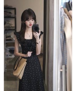 Women's Black Polka Dot Doll Collar Dress - Waist-Cinching, Elegant Long Summer Dress for Gentle Vacation Style