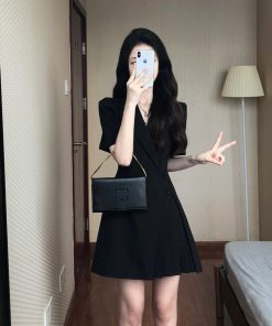 Women's Black Suit Dress, Waist-Cinching, Pleated Short Skirt, Stylish Design, Summer 2025 Trend, Chic Party Dress