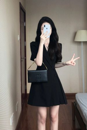 Women's Black Suit Dress, Waist-Cinching, Pleated Short Skirt, Stylish Design, Summer 2025 Trend, Chic Party Dress
