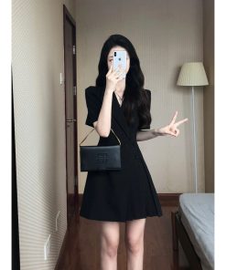 Women's Black Suit Dress, Waist-Cinching, Pleated Short Skirt, Stylish Design, Summer 2025 Trend, Chic Party Dress
