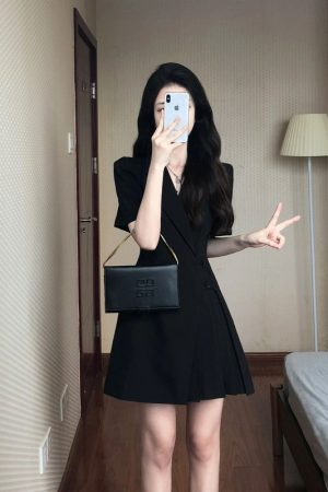 Women's Black Suit Dress, Waist-Cinching, Pleated Short Skirt, Stylish Design, Summer 2025 Trend, Chic Party Dress