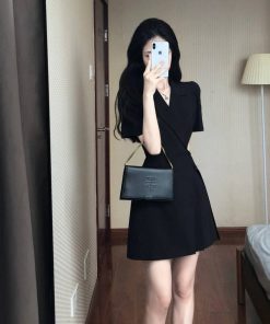 Women's Black Suit Dress, Waist-Cinching, Pleated Short Skirt, Stylish Design, Summer 2025 Trend, Chic Party Dress