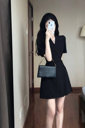 Women's Black Suit Dress, Waist-Cinching, Pleated Short Skirt, Stylish Design, Summer 2025 Trend, Chic Party Dress