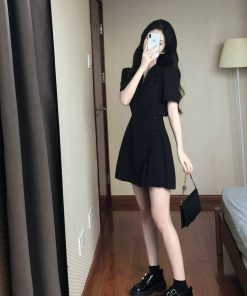 Women's Black Suit Dress, Waist-Cinching, Pleated Short Skirt, Stylish Design, Summer 2025 Trend, Chic Party Dress