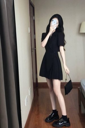 Women's Black Suit Dress, Waist-Cinching, Pleated Short Skirt, Stylish Design, Summer 2025 Trend, Chic Party Dress