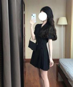 Women's Black Suit Dress, Waist-Cinching, Pleated Short Skirt, Stylish Design, Summer 2025 Trend, Chic Party Dress